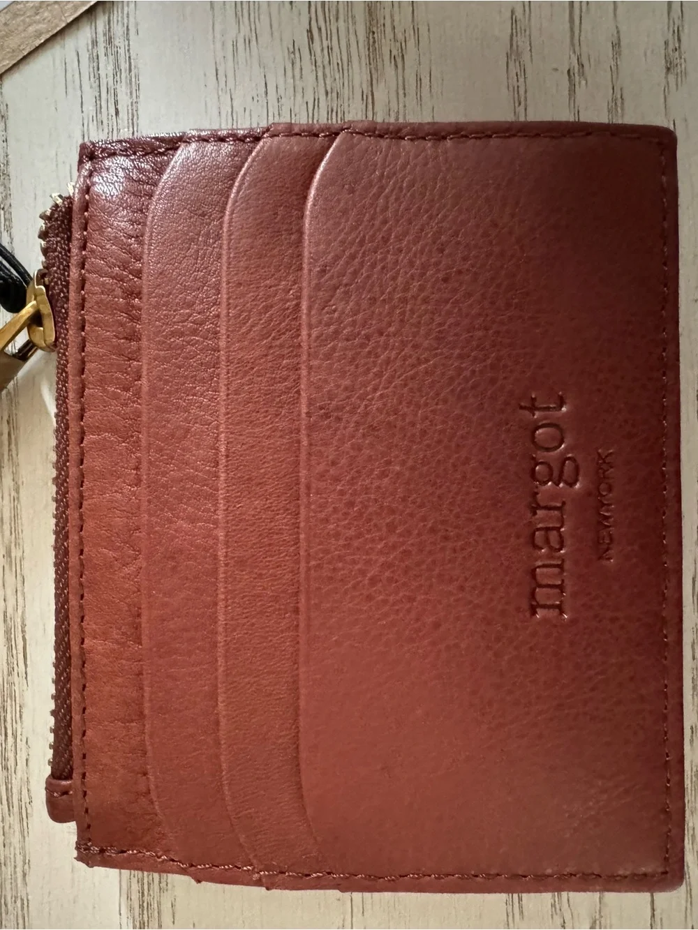 margot Leather Card Wallet in Rust Brown with Gold Zipper Pull